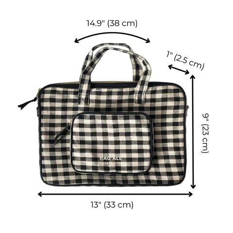 Bag-all Laptop Case 13" in black and white gingham pattern with dimensions 38x33cm, featuring front charger pocket, dual handles, and protective padding for 11-13" devices
