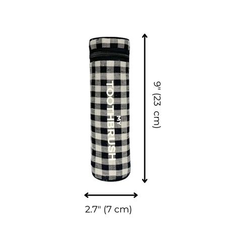 Bag-all Toothbrush Travel Case in black and white gingham pattern, cylindrical design with text print, measuring 9 inches tall and 2.7 inches wide