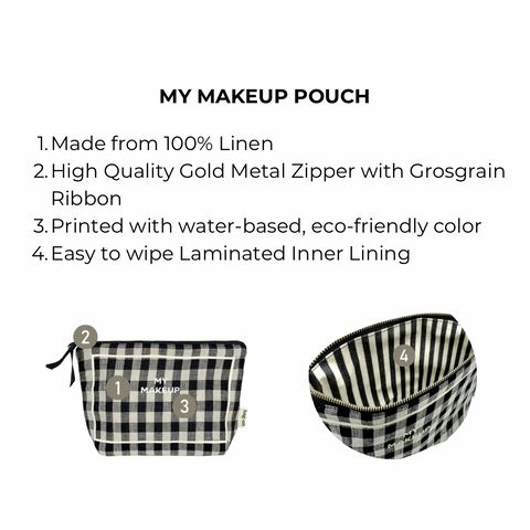 Bag-all My Makeup Pouch in black and white gingham pattern with laminated interior, gold zipper, and 100% linen construction, shown from front and top angles