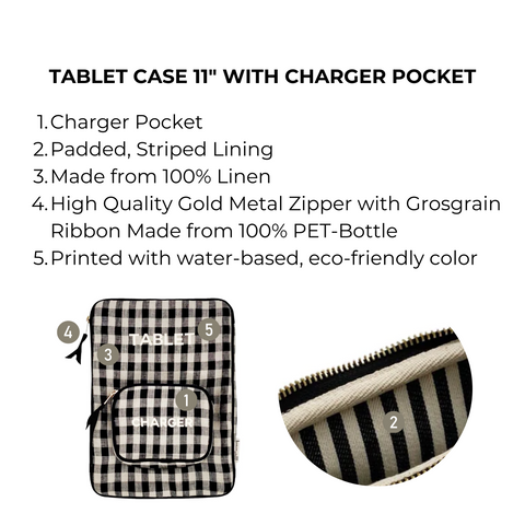 Bag-all 11" Tablet Case with charger pocket in black and white gingham pattern, featuring striped lining, linen material, and front storage compartment for accessories