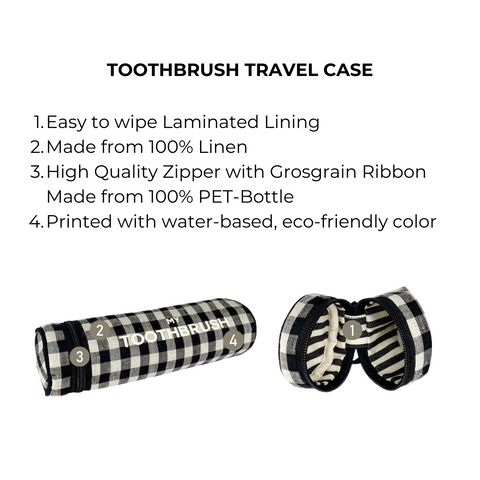 Bag-all gingham toothbrush travel case with laminated lining, eco-friendly materials, fits 5 toothbrushes, black and white checkered pattern, perfect for organizing dental essentials