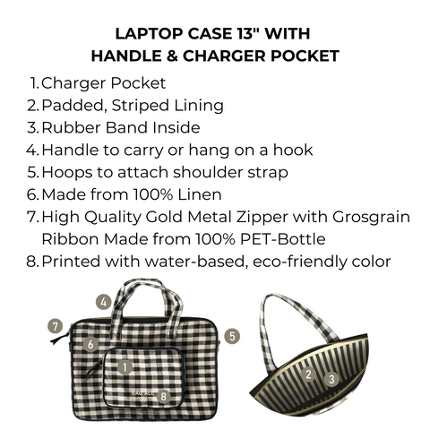 Bag-all Gingham Laptop Case 13" featuring padded linen protection, convenient charger pocket, and versatile carrying options with dual handles and shoulder strap compatibility