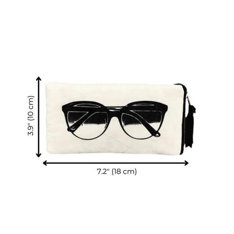 Bag-all Glasses Case with Outside Pocket in Cream featuring black sunglasses print, side storage pocket, measuring 7.2x3.9 inches, perfect for eyewear protection and accessories