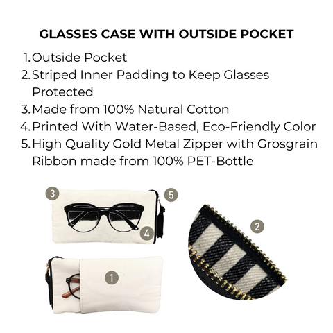 Bag-all Glasses Case with Outside Pocket in cream features protective striped padding, eco-friendly cotton construction, gold zipper, and convenient external storage for essentials and eyewear accessories