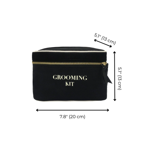 Bag-all Black Grooming Kit Box with gold zipper and white text, measuring 7.8x5.1x5.1 inches, perfect for organizing toiletries and grooming essentials