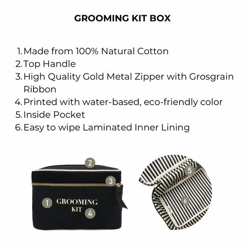 Bag-all Grooming Kit Box in black cotton with gold zipper, top handle, and striped lining. Features eco-friendly print and laminated interior for organizing travel essentials.