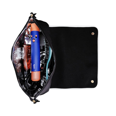 Black hair tools travel case with heat-resistant mat, holding a hair iron and accessories neatly inside