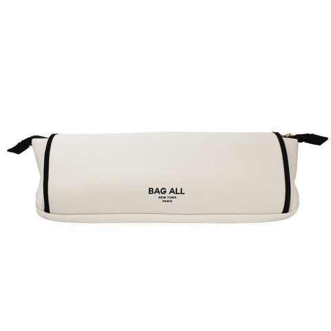 Cream-colored sleek hair tools travel case with black zipper and Bag All logo, heat-resistant and compact design