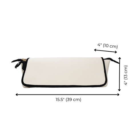 Cream-colored hair tools travel case with black trim, measuring 15.5 by 4 by 4 inches, heat-resistant mat included.