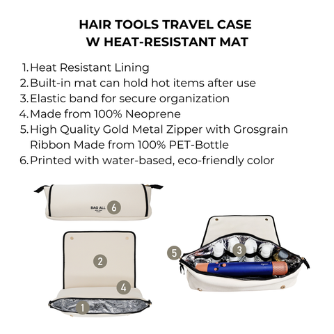 Cream hair tools travel case with heat-resistant mat, elastic bands, and gold zipper for organized styling tool storage and protection.