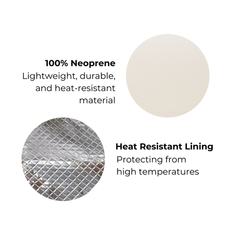 Close-up of cream-colored travel case made of lightweight, durable, heat-resistant 100% neoprene with heat-resistant lining details.