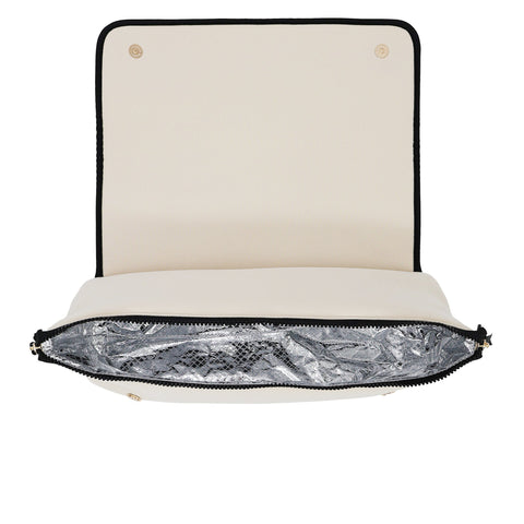 Cream hair tools travel case with open flap, heat-resistant silver lining, and black zipper detailing