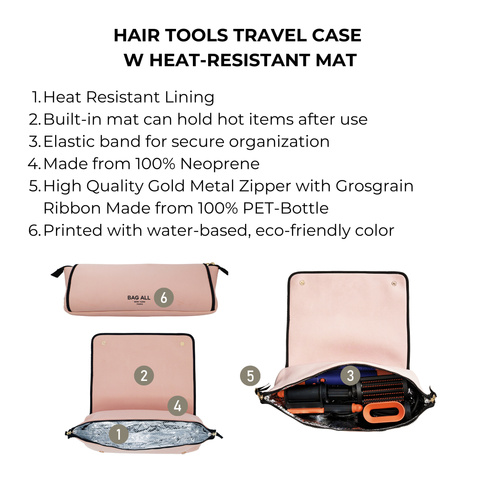 Pink blush hair tools travel case with heat-resistant lining, elastic straps, and gold zipper for organized styling tool storage.