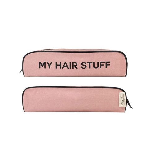 Bag-all Hair Stuff Travel Case in pink/blush with thermal lining, black text and piping, perfect for organizing styling tools and accessories, featuring gold zipper