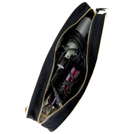 Bag-all Deal Gift Set black cotton case with gold zipper showing organized hair styling tools inside, part of 4-pack Travel & Home collection featuring lined storage solutions