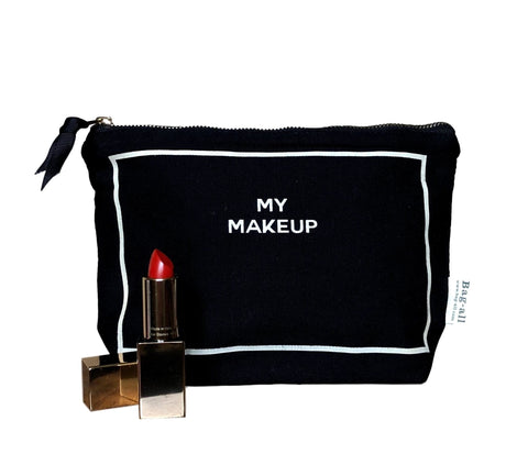 Bag-all Deal Gift Set for Her featuring black cotton makeup case with white border, lipstick icon, and My Makeup text, perfect for organizing cosmetics and accessories