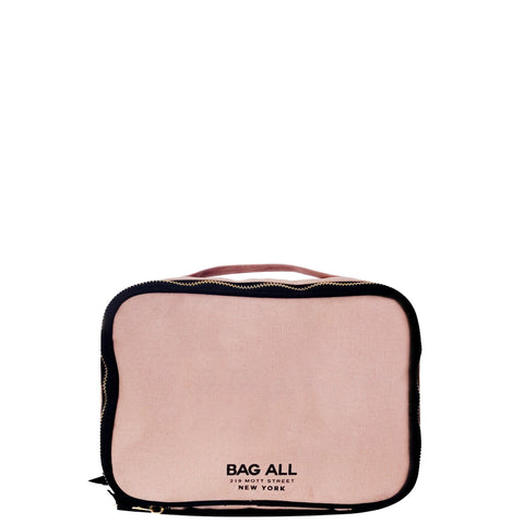 Bag-all Double Sided Multi Use Case in Pink/Blush cotton features dual compartments, elastic straps, mesh pocket and handle for versatile organizing and storage