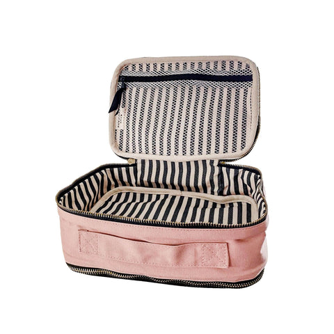 Bag-all Double Sided Multi Use Case in Pink/Blush with striped interior lining, featuring dual compartments, elastic organizers, mesh pocket and carrying handle for versatile storage and organization