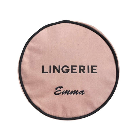 Bag-all Deal Gift Set for Her featuring pink round lingerie case with black trim and personalized monogram, part of a 3-piece cotton organizing set in blush tones
