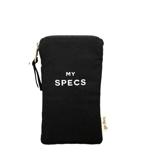 Bag-all My Specs Glasses Case in black cotton canvas with white text print, external pocket and zipper closure. Protective eyewear storage solution from Bag-all