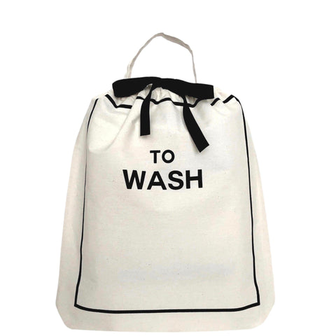 Bag-all To Wash Laundry Bag in cream with black trim, featuring drawstring closure and carry handle. Stylish organizer for dirty clothes with bold 'TO WASH' text print.