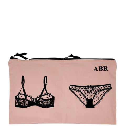 Bag-all Double Lingerie Packing Pouch in pink/blush with black polka dot bra and panty print, metal zipper compartments for organized intimates storage