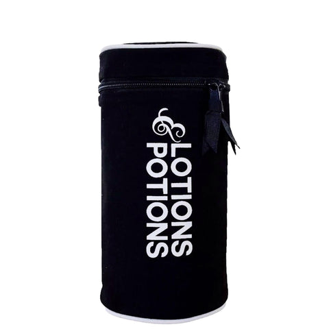 Bag-all Lotions & Potions black waterproof travel case with zipper closure, designed for organizing toiletries and skincare products during travel or at home