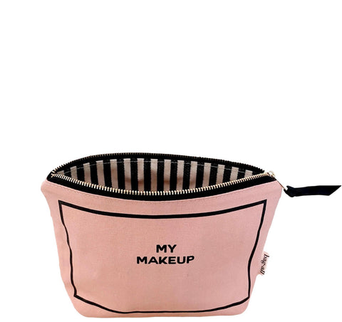 Bag-all Deal Gift Set Makeup Case in pink cotton with black text, striped interior lining, part of 3-piece organization set for makeup, jewelry, and lingerie storage