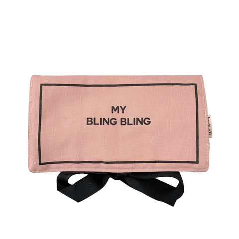Bag-all Jewelry Organizer Travel Pouch in blush pink with "My Bling Bling" text and black bow, featuring multiple compartments for jewelry storage and organization