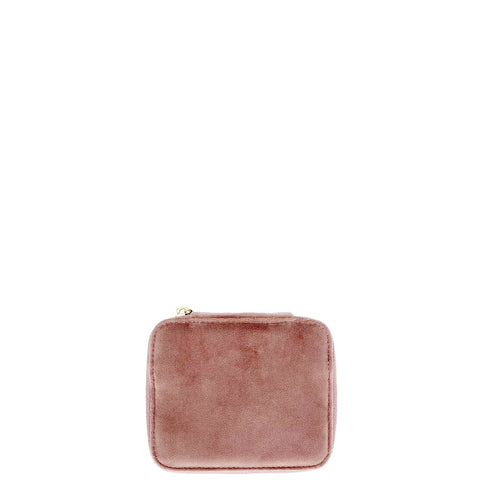 Bag-all Pink Recycled Velvet Jewelry Box with Gold Zipper - Monogrammable Compact Storage Case with Ring, Necklace and Earring Holders