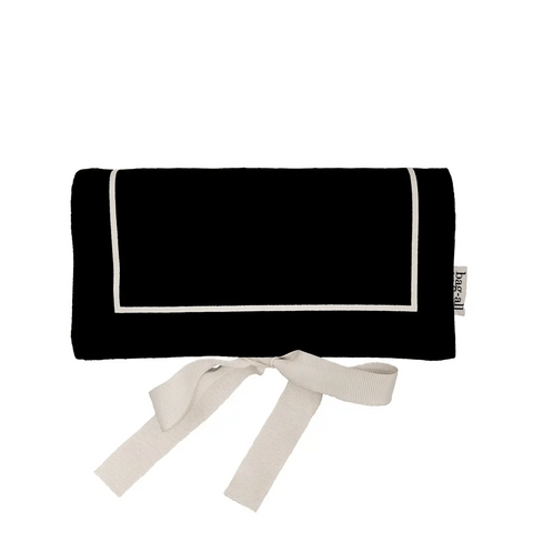 Bag-all Couture Jewelry Roll Medium Black with white trim and ribbon ties - elegant travel organizer for necklaces, rings, and earrings