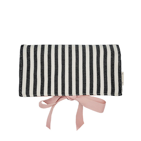 Bag-all Essential Gift Set Deal 3-Pack Striped cotton organizer with black and white stripes and pink bow closure, featuring travel cases for skincare, pills, and jewelry