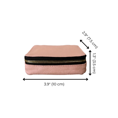 Bag-all pink jewelry trinket box with gold zipper, compact size 10x5cm, perfect for organizing small accessories in blush canvas material