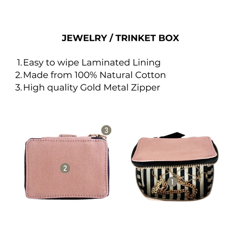 Bag-all Pink Jewelry/Trinket Box with gold zipper, striped lining, 100% cotton, perfect for organizing small accessories and travel, monogram option available