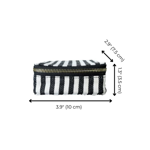 Bag-all Striped Jewelry Box with gold zipper, black and white vertical stripes, compact travel size 3.9 x 1.3 inches, perfect for organizing small accessories