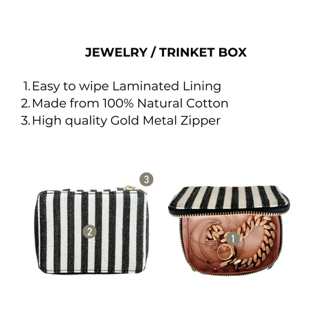 Bag-all Striped Jewelry/Trinket Box with gold zipper, made from natural cotton featuring laminated lining - perfect compact storage for accessories and small treasures