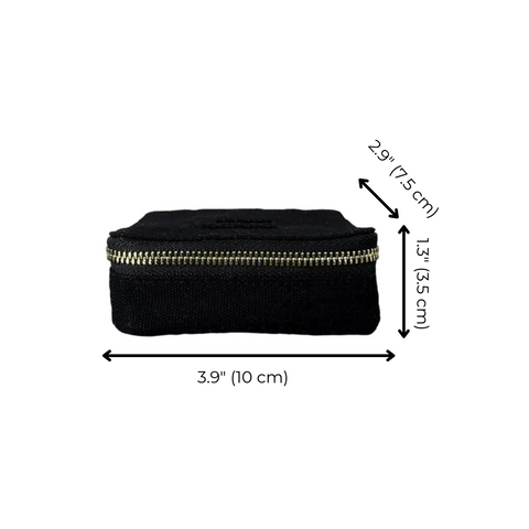 Bag-all Black Jewelry/Trinket Box with gold zipper, compact storage case measuring 3.9x1.3x1.5 inches, perfect for organizing small accessories and valuables