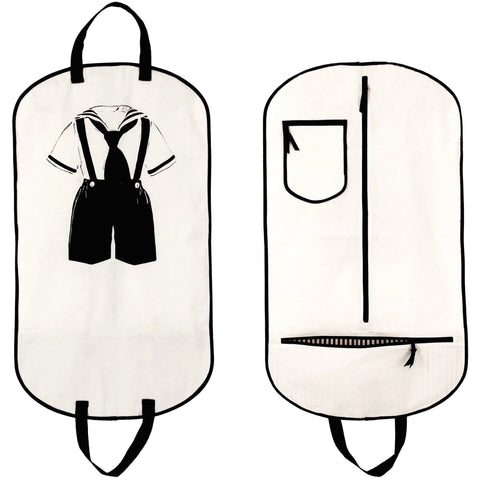 Bag-all Kids Garment Bag Boy in cream with black suspender suit design, dual handles and storage pockets, perfect for organizing children's formal wear