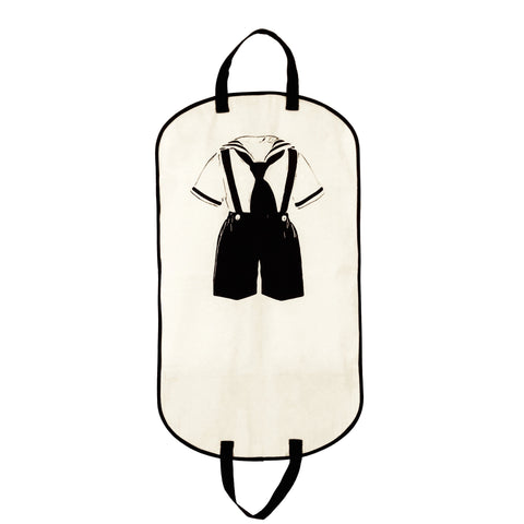 Bag-all Kids Garment Bag Boy in cream with black dress suit silhouette, featuring dual handles and pockets for storage, perfect for organizing boys' formal wear