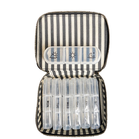 Bag-all Large Pill Travel Case featuring striped cotton design, daily pill organizer compartments, zip closure, and morning/day/night icons, perfect for medication organization