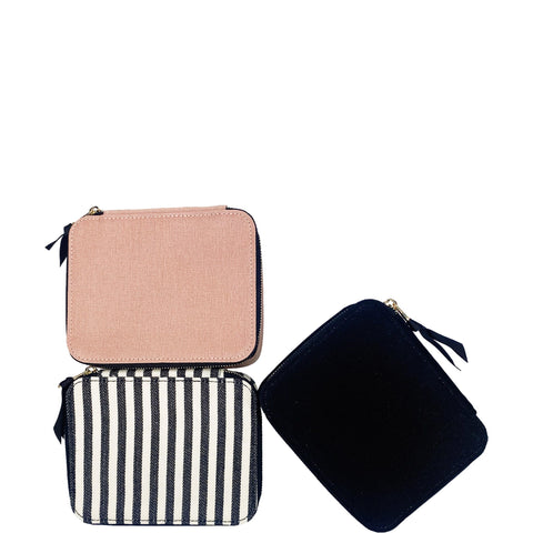 Bag-all Cosmetics/Trinket Box in pink, navy, and striped canvas designs with gold zipper closure - perfect for organizing makeup and small accessories