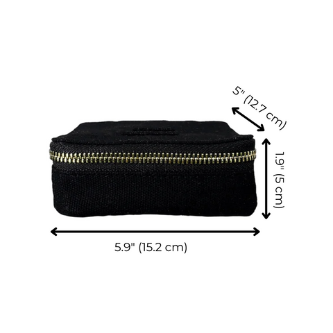 Bag-all Large Pill Travel Case in black cotton with daily organizer compartments, gold zipper closure, 5.9" length x 1.9" height x 5" width, perfect for medication storage and travel