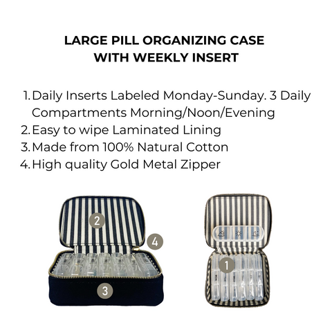 Bag-all Large Pill Travel Case with black cotton exterior and striped interior, featuring 7-day organizer with morning/noon/evening compartments, gold zipper, and laminated lining for easy cleaning