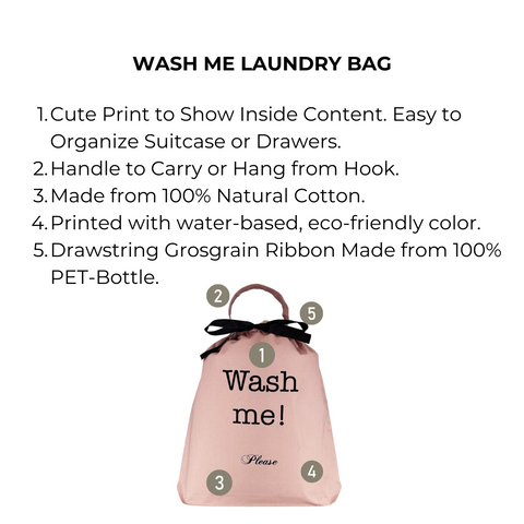 Bag-all Wash Me Laundry Bag in pink blush cotton with black text, featuring eco-friendly materials, drawstring closure, and hanging hook - perfect for travel organization and laundry storage