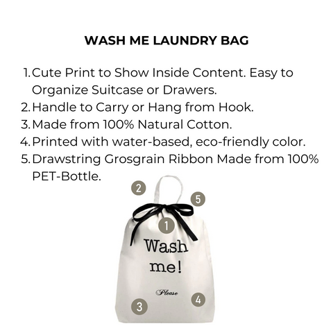 Bag-all Wash Me Laundry Bag in cream cotton with black drawstring ribbon, featuring eco-friendly print, perfect for travel organization and suitcase storage