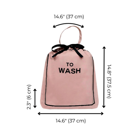 Bag-all To Wash Laundry Bag in pink blush cotton with black bow drawstring, featuring measurements 14.6" x 14.8" x 2.3", perfect for laundry organization