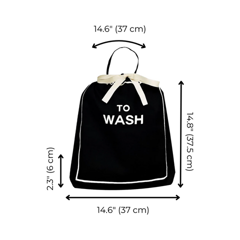 Bag-all To Wash Laundry Bag in black cotton with white drawstring closure, featuring dimensions 14.6" x 14.8" with clear text marking for organizing dirty clothes
