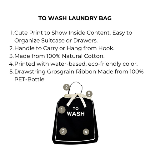 Bag-all To Wash Laundry Bag in black cotton with eco-friendly print and recycled drawstring, perfect for organizing dirty clothes while traveling or at home