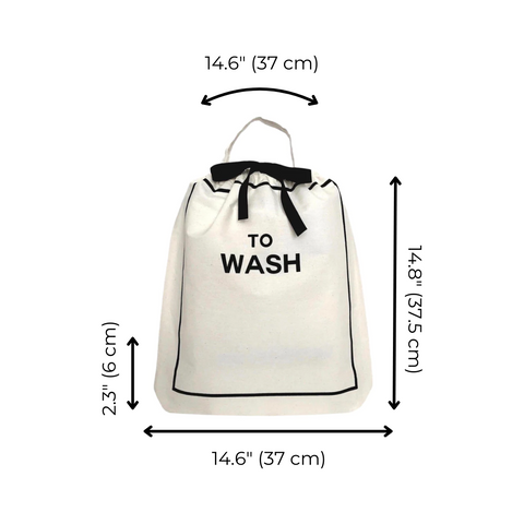 Bag-all To Wash Laundry Bag in cream with black trim, featuring drawstring closure and carrying handle. Dimensions: 14.6" x 14.8" x 2.3". Perfect for organizing dirty clothes.