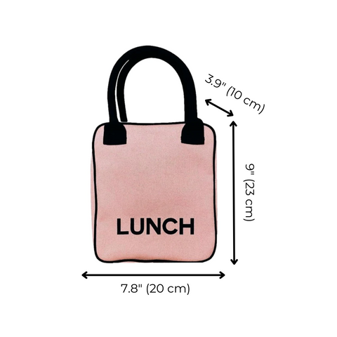 Bag-all Pink Lunch Box Insulated with black handles, measuring 7.8x9.1 inches, featuring LUNCH text in black on blush cotton fabric with dimensions displayed